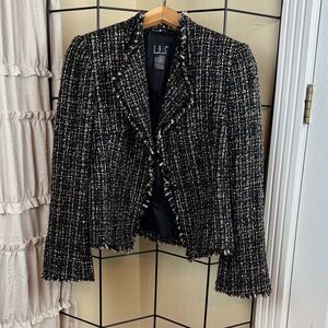 INC Tweed Cropped Jacket Blazer Fringe Hem Lined Single Snap Size Closure Size 8